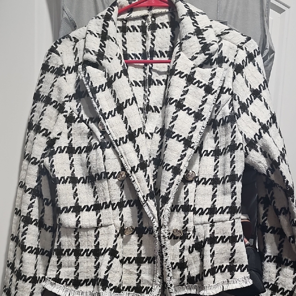 SHEIN Black and White‎ Tweed Plaid Blazer
